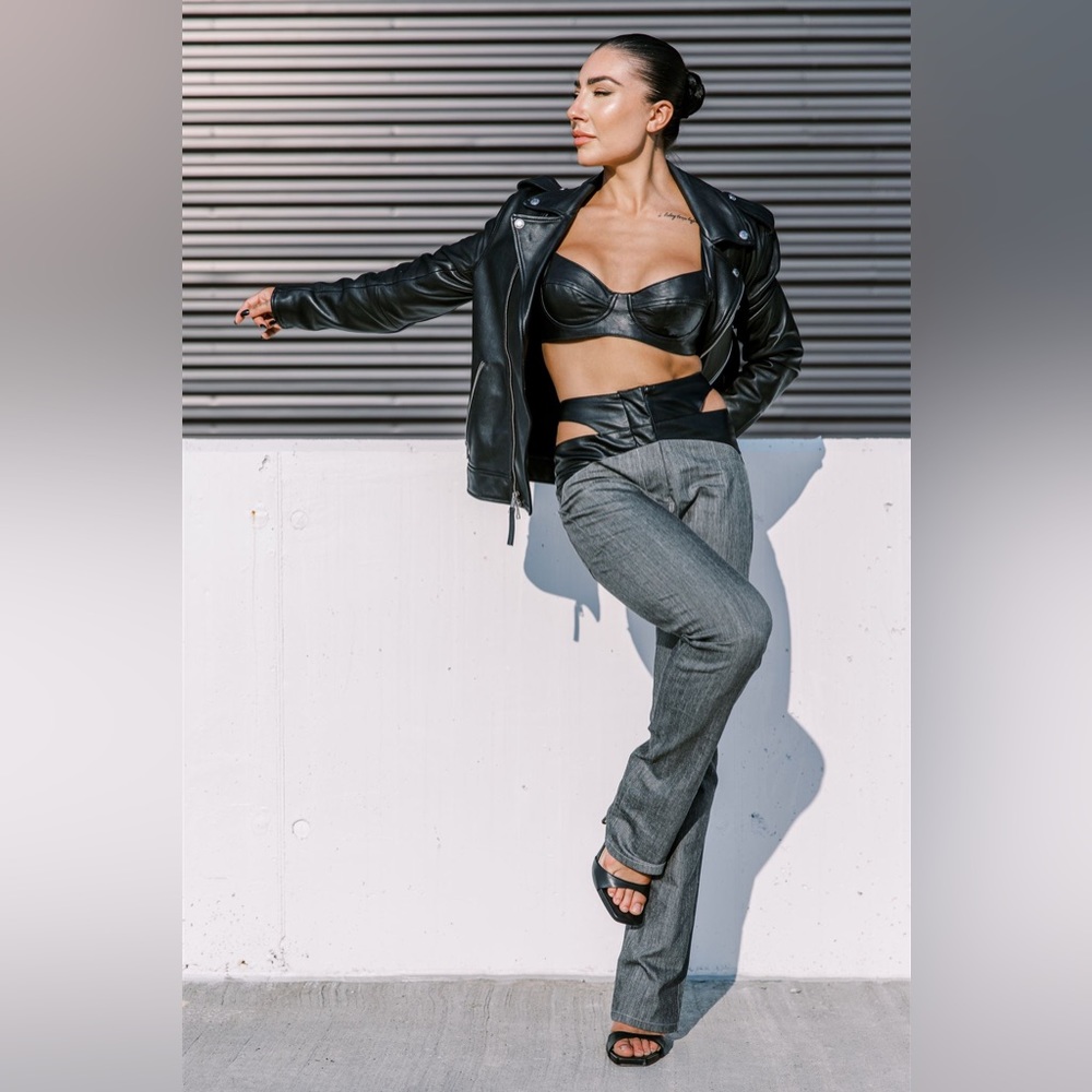 Hand sewn two tone denim and leather cutout pant